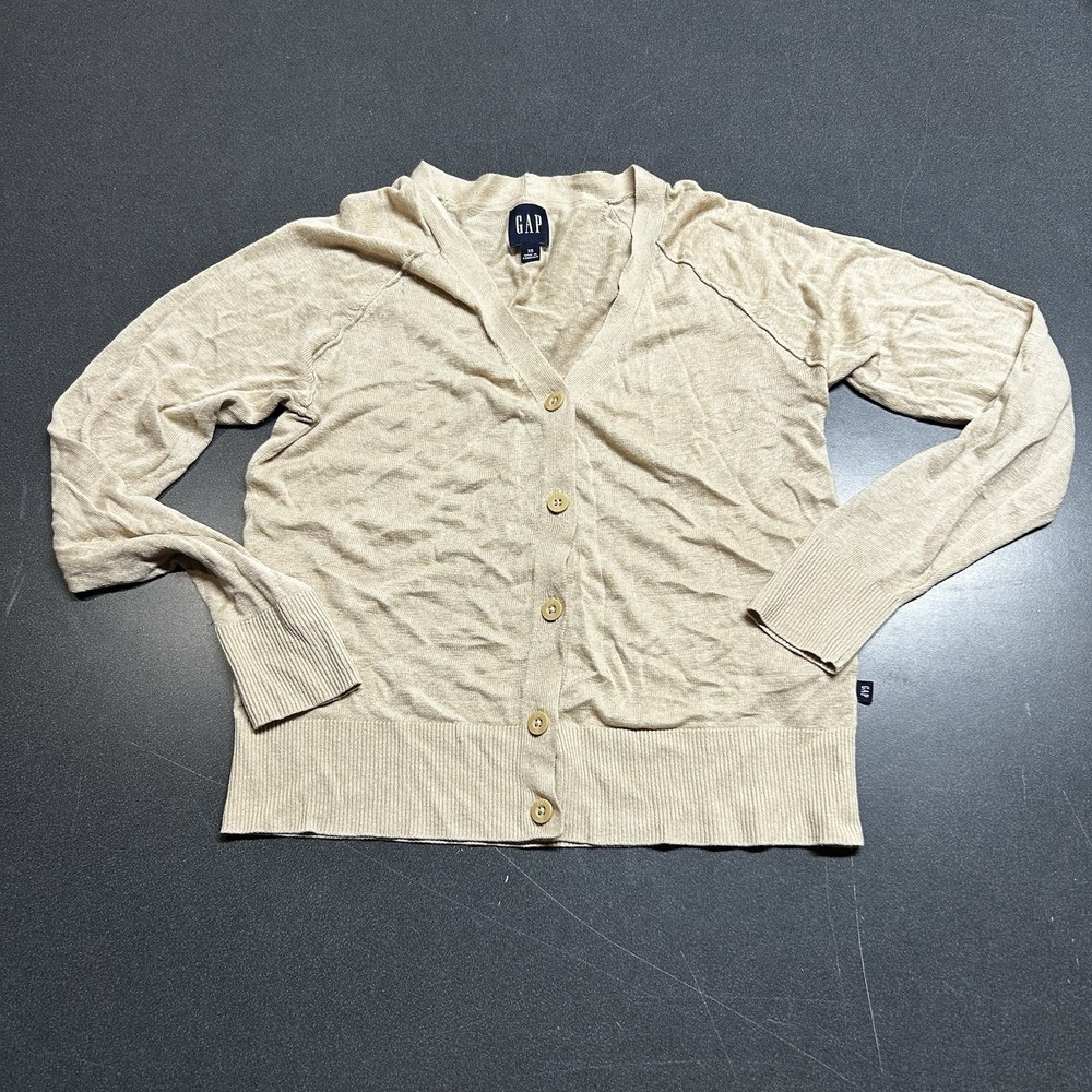 GAP Women's Beige Linen Rayon V-Neck Button Up Classic Cardigan Sweater Size XS